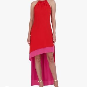 BCBGMAXAZRIA Women's Halter Neck Two Tone High Low Dress
